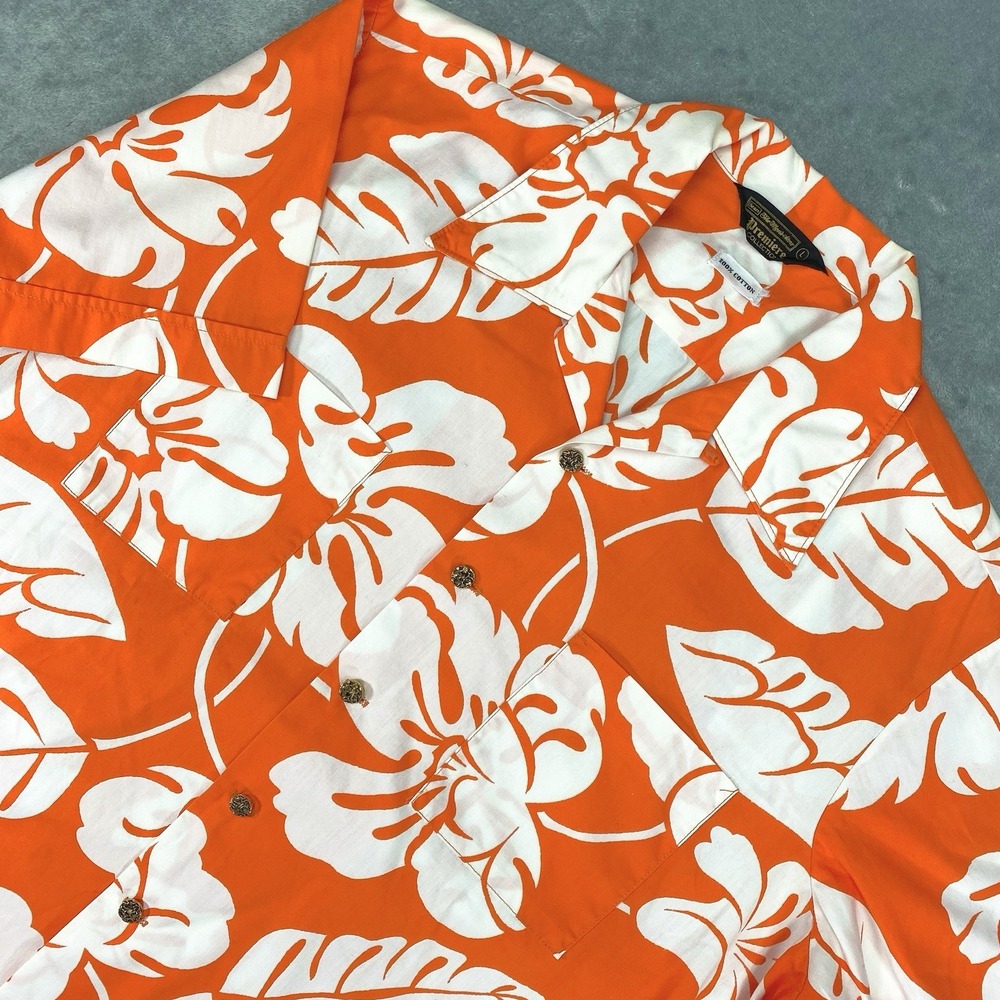 Vtg Sears Shirt Mens Size L Orange‎ White Hibiscus Hawaiian 60s 70s Loop Collar